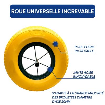 Roue Increvable Jaune, Diamètre 400mm, Axe 20mm, Charge max. 250KG (550 lbs), Ultra Résistante, Idéal pour Brouette