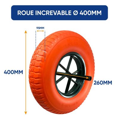 Roue Increvable Orange, Diamètre 400mm, Axe 20mm, Charge max. 250KG (550 lbs), Ultra Résistante, Idéal pour Brouette