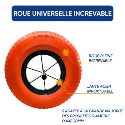 Roue Increvable Orange, Diamètre 400mm, Axe 20mm, Charge max. 250KG (550 lbs), Ultra Résistante, Idéal pour Brouette