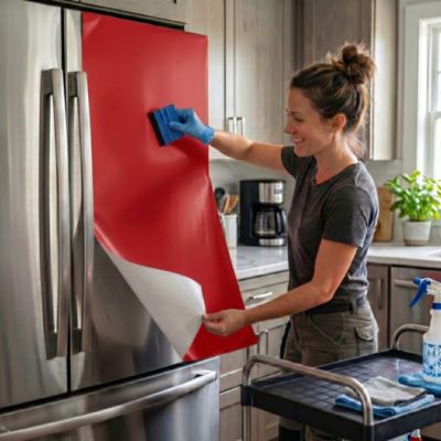 Rouleau adhésif Imperméable Vinyle au Mètre - Sticker Lavable Cuisine Meuble Armoire Porte - 60cmx8m - Rouge cerise