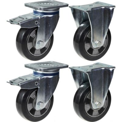 Roulettes de 152 mm (6") en caoutchouc noir, avec frein et roue fixe, capacité de charge de 1 320 kg, lot de 4