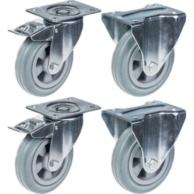Roulettes de 160 mm (6") en caoutchouc gris, avec frein et roues fixes, capacité de charge de 540 kg, lot de 4