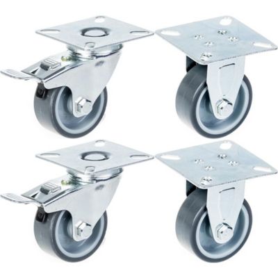Roulettes de 50 mm (2") à bandage en caoutchouc gris, avec frein et roulettes fixes, capacité de 160 kg, lot de 4