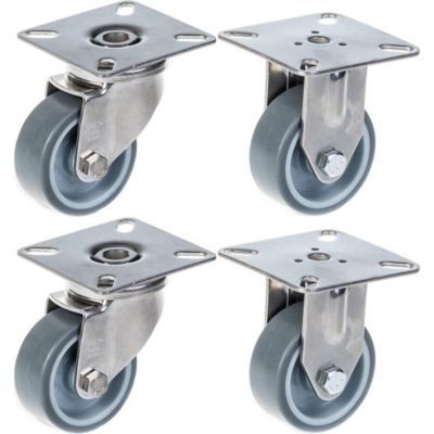 Roulettes en acier inoxydable de 50 mm (2") avec bandage gris, pivotantes et fixes, charge maximale de 160 kg, lot de 4