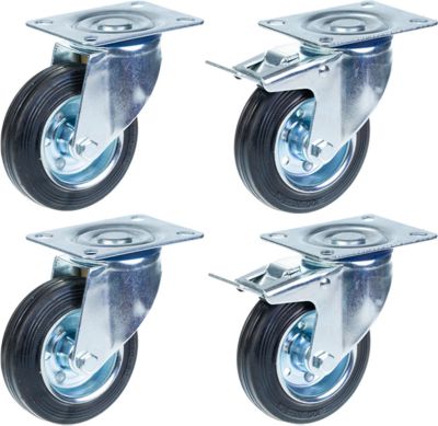 Roulettes en caoutchouc de 100 mm (4 pouces), pivotantes et avec frein, capacité de charge élevée (360 kg), lot de 4