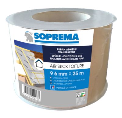 Ruban adhésif AIR'STICK TOITURE 96mmx25m pour isolants minces Soprema