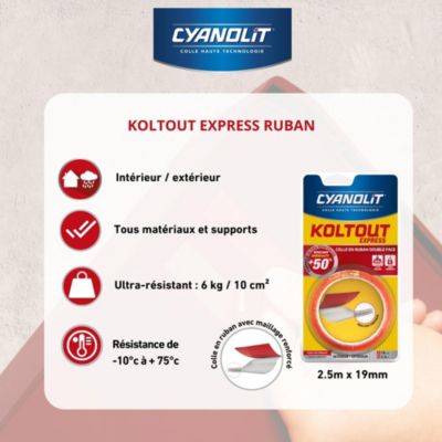 Ruban adhésif double face Cyanolit Koltout Express 2,5 m x 19 mm