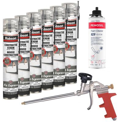RUBSON Pack 6 Mousses construction 750ml Fix Express + Nettoyant FoamCleaner 929 500ml Penosil + Pistolet
