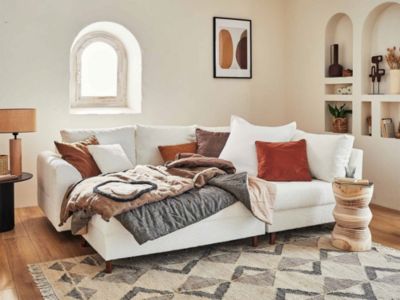 Rune - canapé d'angle droit - 4 places - avec pouf d'appoint - en tissu bouclette - Lisa Design