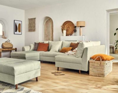 Rune - canapé panoramique d'angle droit - 7 places - avec pouf d'appoint - en tissu bouclette - Lisa Design