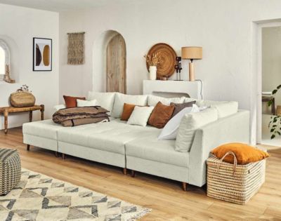 Rune - canapé panoramique d'angle droit - 7 places - avec pouf d'appoint - en tissu bouclette - Lisa Design