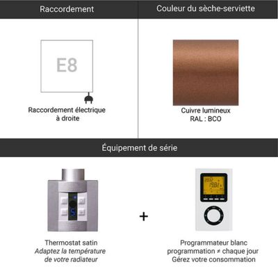 Sèche-serviette électrique programmable cuivré - HxL : 555x400 - 200 Watt - JAD555/400E8BCOP