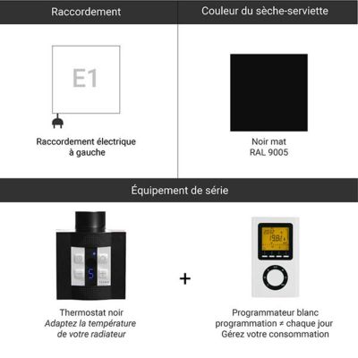 Sèche-serviette électrique programmable noir - HxL : 1860x400 mm - 600 Watt - FIO1860/400E1NP