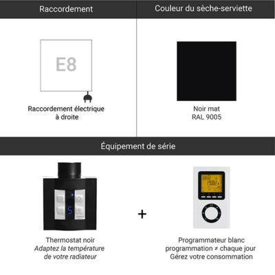 Sèche-serviette électrique programmable noir - HxL : 710x230 mm - 200 Watt - MIK710/230E8NP