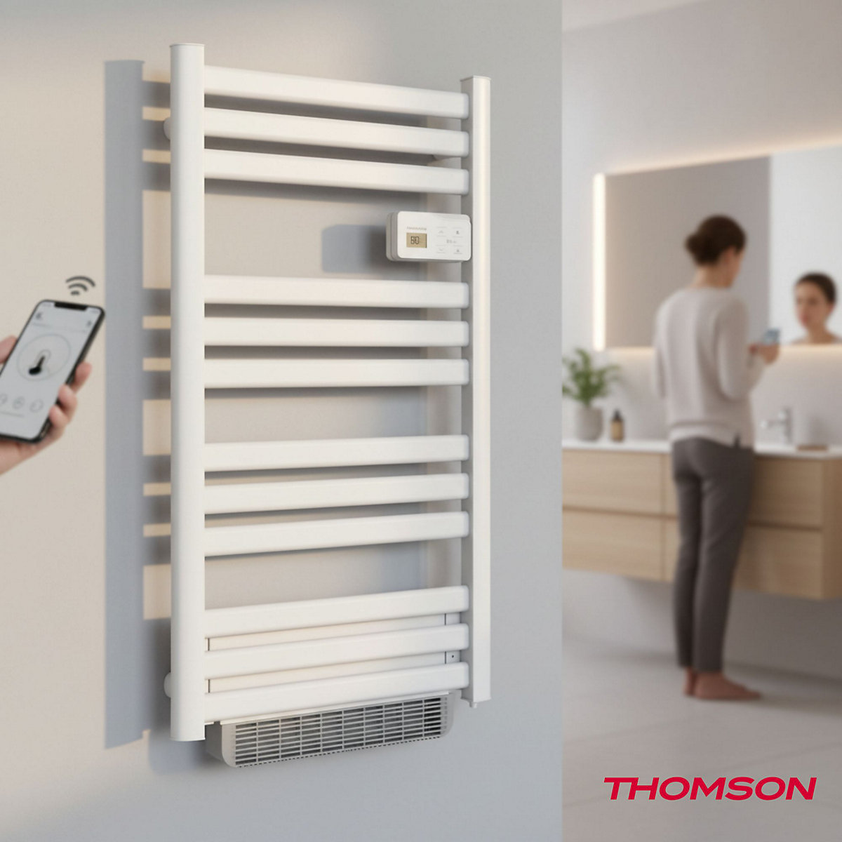 Sèche-serviette électrique sans fluide connecté WiFi avec soufflerie 500 + 1000W Thomson COSMO blanc Sèche-serviette électrique sans fluide connecté WiFi avec soufflerie 500 + 1000W Thomson COSMO blanc