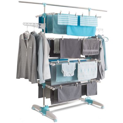 Séchoir à linge blanc/bleu 4 niveaux réglables XXL + barre télescopique