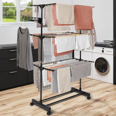 Séchoir à linge inox MAXIMA noir et aspect bois étendoir pliable H.145 CM