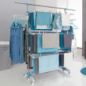 Séchoir à linge vertical pliable 3 niveaux OPTIMUM capacité 30M avec tringle télescopique cintres et pinces blanc et bleu
