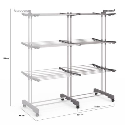 Séchoir à linge vertical pliable et extensible 3 niveaux MAXI capacité 40M inox et gris