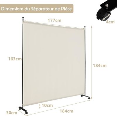 Séparateur de Pièce 184 x 184 cm, Paravent de Confidentialité sur roulettes, Paravent Autoportant pour Salon, Chambre, Blanc