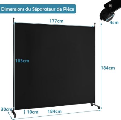 Séparateur de Pièce 184 x 184 cm, Paravent de Confidentialité sur roulettes, Paravent Autoportant pour Salon, Chambre, Noir