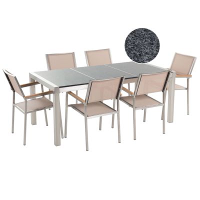Salle à manger de jardin 6 places GROSSETO Triple plaque Granit Poli Gris/beige
