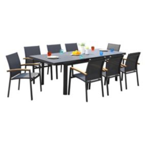 Salle à manger de jardin  en aluminium : une table extensible 180/240cm et 8 fauteuils empilables avec accoudoirs acacia -