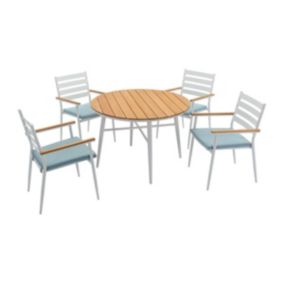 Salle à manger de jardin en bois et aluminium : une table D.110 cm et 4 fauteuils - Blanc et naturel clair - MIAMI de MYLIA