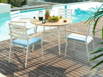 Salle à manger de jardin en bois et aluminium : une table D.110 cm et 4 fauteuils - Blanc et naturel clair - MIAMI de MYLIA