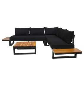 Salome - salon bas de jardin 5 places + table - modulable - bois, métal et coussins noirs - Best Mobilier