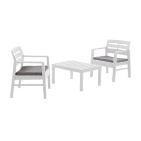 Salon d'extérieur Dalfier, Composition de jardin avec 2 fauteuils et 1 table basse, Salon avec coussins, Blanc