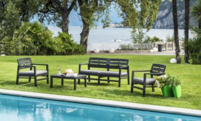 Salon d'extérieur Dgyas, Composition de jardin avec 2 fauteuils, 1 canapé et 1 table basse, Salon avec coussins, Anthracite