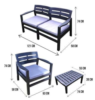 Salon d'extérieur Massa, Composition de jardin avec 2 fauteuils, 1 canapé et 1 table basse, Salon avec coussins, Anthracite