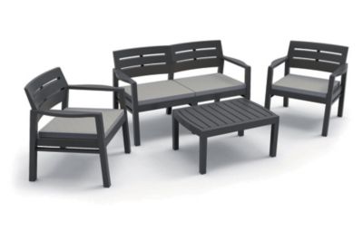 Salon d'extérieur Massa, Composition de jardin avec 2 fauteuils, 1 canapé et 1 table basse, Salon avec coussins, Anthracite