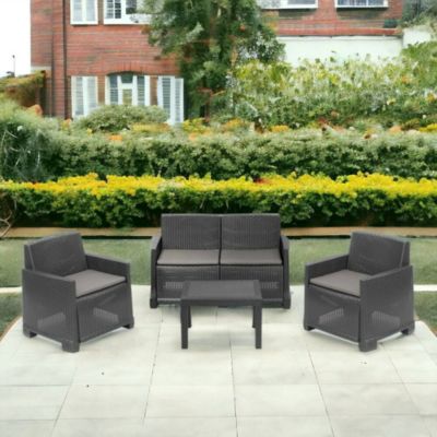 Salon d'extérieur Vieste, Composition de jardin avec 2 fauteuils, 1 canapé et 1 table basse, Effet rotin avec coussins, Anthracite