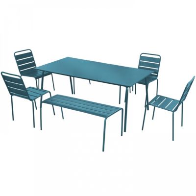 Salon de jardin 2 bancs et 4 chaises en acier bleu pacific Palavas  Oviala