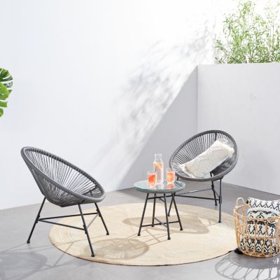 Salon de jardin 2 fauteuils ronds et table basse gris ACAPULCO