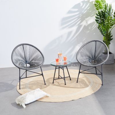 Salon de jardin 2 fauteuils ronds et table basse gris ACAPULCO