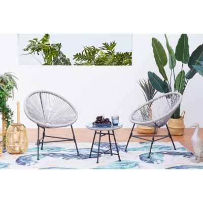 Salon de jardin 2 fauteuils ronds et table basse gris clair ACAPULCO