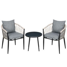 Salon de jardin 2 personnes 3 pièces 2 fauteuils avec coussins table basse ronde plateau verre trempé corde tressée métal gris