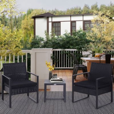 Salon de jardin 2 places 3 pcs 2 chaises coussins table basse plateau verre trempé résine tressée 4 fils imitation rotin noir