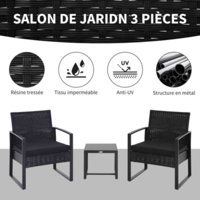 Salon de jardin 2 places 3 pcs 2 chaises coussins table basse plateau verre trempé résine tressée 4 fils imitation rotin noir