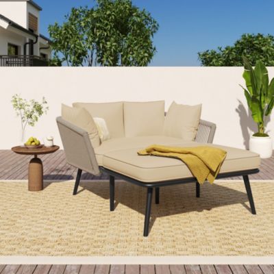 Salon de Jardin 2 Places, Canapé d'Extérieur, Coussins Amovibles et Lavables, Chaise Longue, Coussin Confortable, Kaki