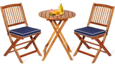 Salon de Jardin 3PCS Pliant-2 Chaises+1 Table+2 Coussins en Bois d'Acacia-Table et Chaise pour Jardin/Terrasse Bleu