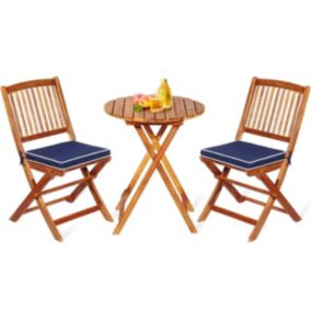 Salon de Jardin 3PCS Pliant-2 Chaises+1 Table+2 Coussins en Bois d'Acacia-Table et Chaise pour Jardin/Terrasse Bleu