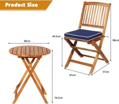 Salon de Jardin 3PCS Pliant-2 Chaises+1 Table+2 Coussins en Bois d'Acacia-Table et Chaise pour Jardin/Terrasse Bleu