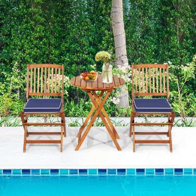 Salon de Jardin 3PCS Pliant-2 Chaises+1 Table+2 Coussins en Bois d'Acacia-Table et Chaise pour Jardin/Terrasse Bleu