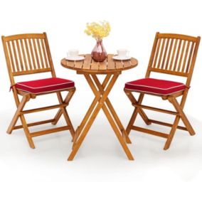 Salon de Jardin 3PCS Pliant-2 Chaises+1 Table+2 Coussins en Bois d'Acacia-Table et Chaise pour Jardin/Terrasse Rouge