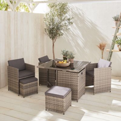 Salon de jardin 4-8 places   Vabo   Coloris nuances de gris. Coussins gris chiné. table encastrable