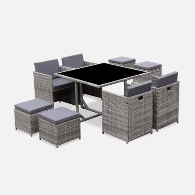 Salon de jardin 4-8 places   Vabo   Coloris nuances de gris. Coussins gris chiné. table encastrable